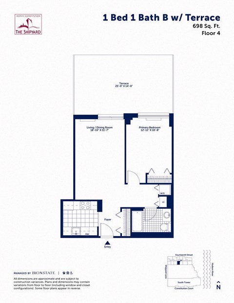 Floor plan for 1 bed, 1 bath, 698 sqft